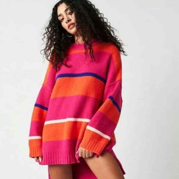 NWOT Free People Peaches Striped Oversized Tunic Sweater Z395 - Picture 2 of 4